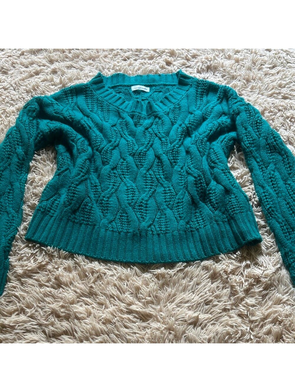 Teal cable knit sweater with a boho vibe, size medium